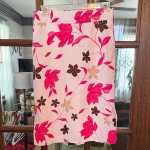 Ann Taylor Floral Pencil Skirt Pink White Hibiscus Elastic Waist Pockets Small